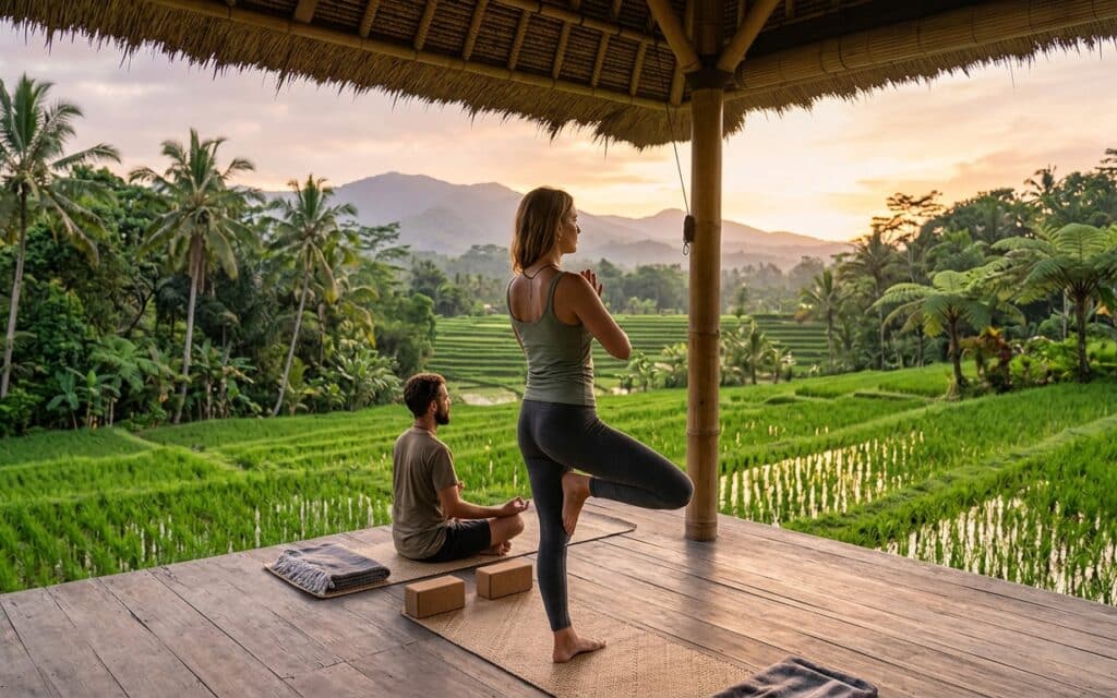 Voyageurs faisant du Yoga à Bali
